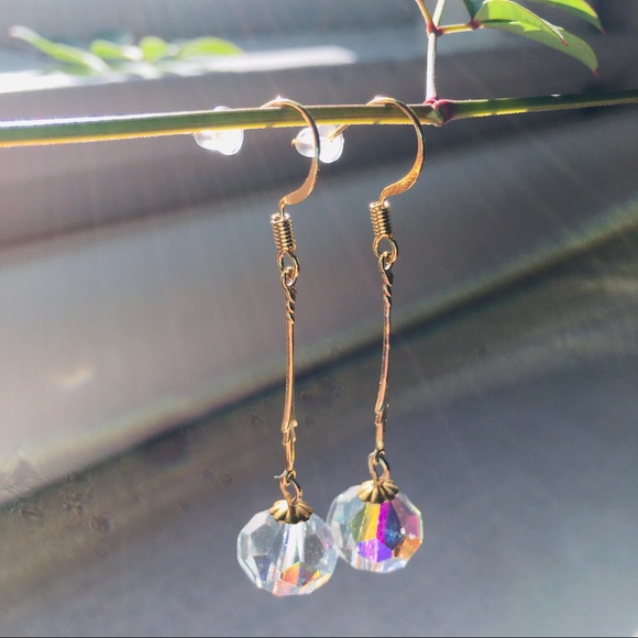 12K Gold Filled Posts Iridescent Crystal Bean Minimalist Dangle Earrings - Picture 6 of 7
